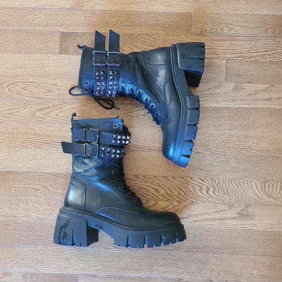 Steve Madden Black Studded Combat Boots size 9 zip lace up punk - Picture 4 of 16